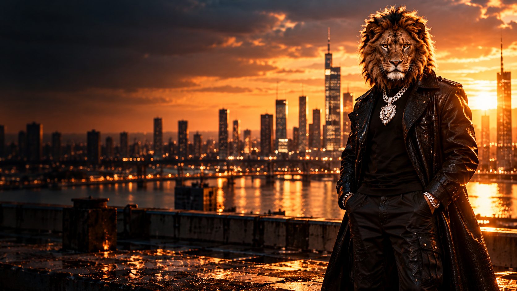The lion of BABA MUSIC HABIBI in front of a sunset skyline